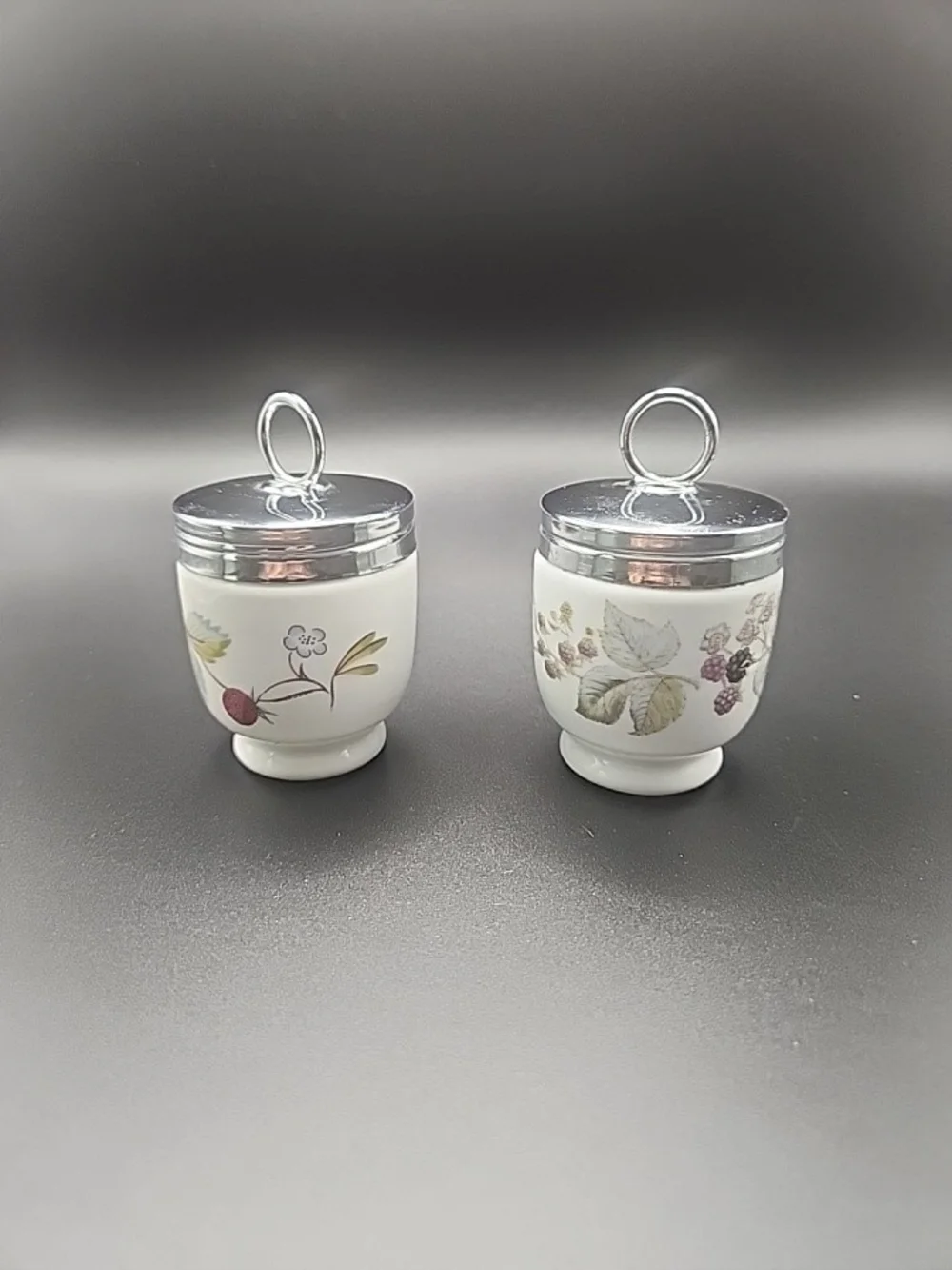 Royal WorcesterPorcelain Egg Coddlers Silver Lids - Floral & Butterfly Set